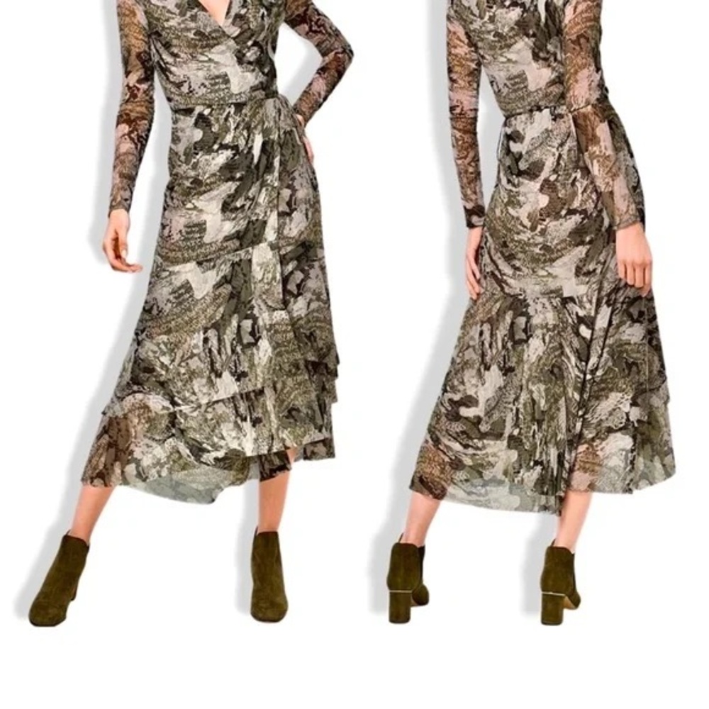 White House Black Market Olive & Taupe Printed Long-Sleeve Wrap Midi Dress